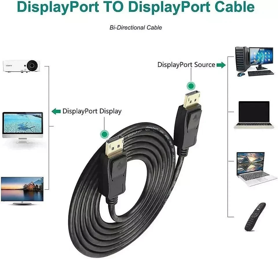 DisplayPort to Display Port Cable DP Male to Male Cord 4K HD w/o Latches 6/10/15 Feet