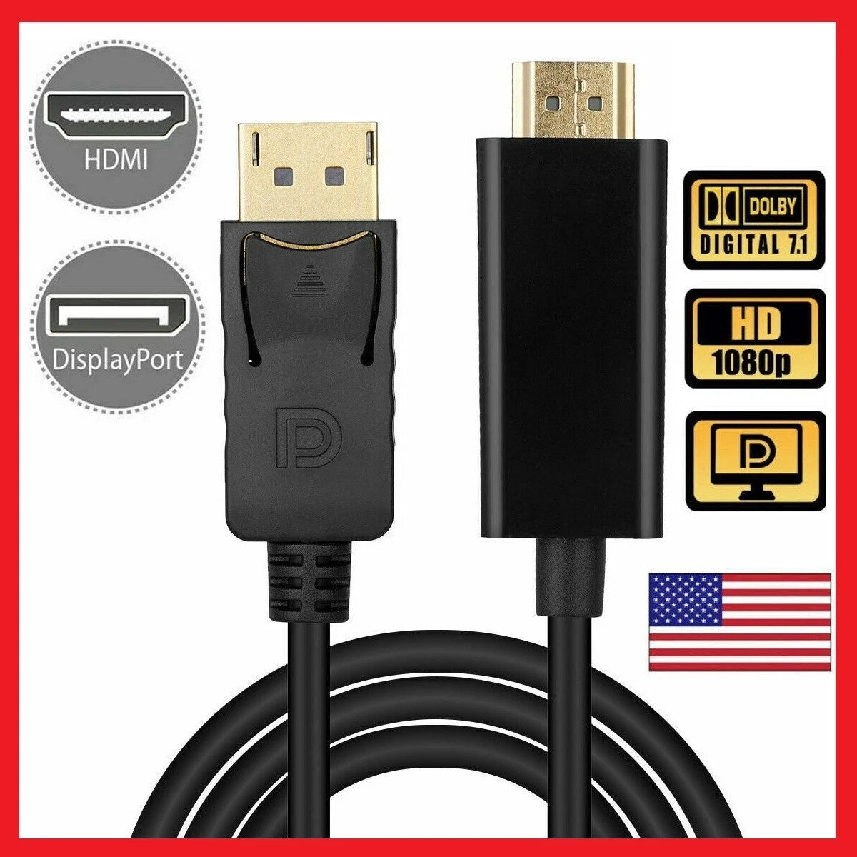 Display Port DP to HDMI Cable Adapter Converter Audio Video PC HDTV 1080P 60Hz 10 Feet