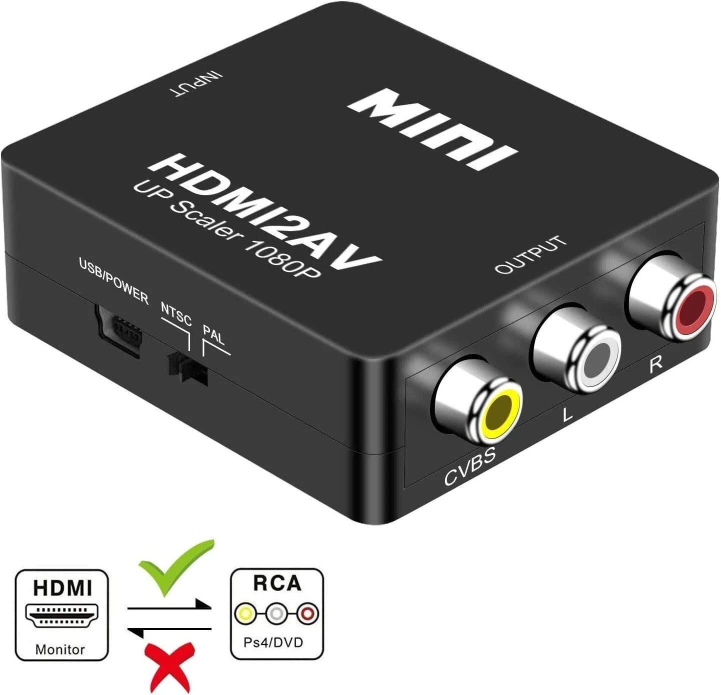 Mini HDMI To RCA AV Adapter Converter Cable CVBS 3RCA 1080P Composite Video Audio Up Scaler USB Powered