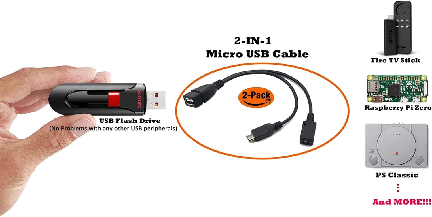 SGElectronix 2-in-1 Micro USB to USB Adapter (OTG Cable + Power Cable) for Fire Stick, PlayStation Classic and More - 2 Pack Black