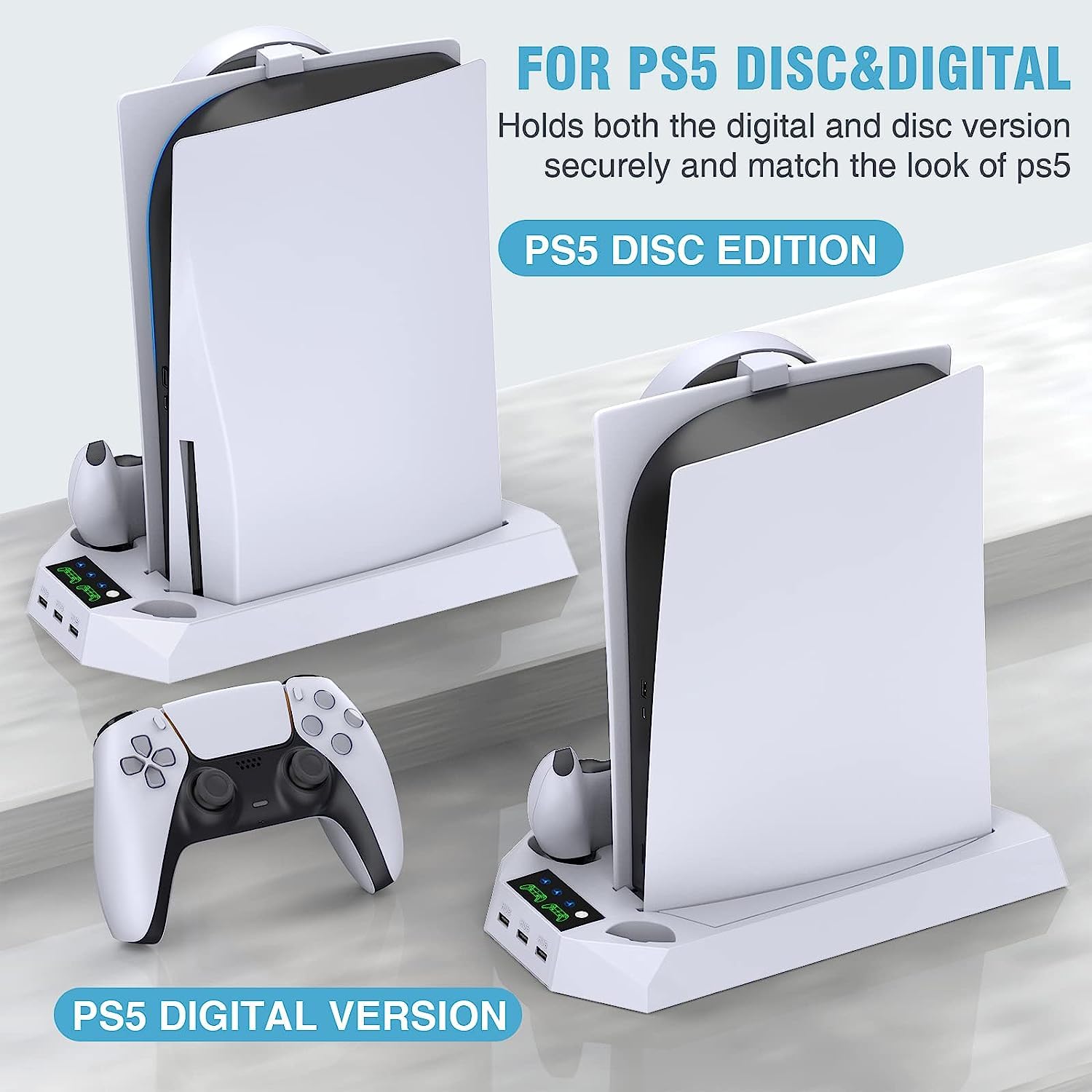 Sgelectronics PS5 Stand and Cooling Station with Dual Controller Charging Station for PS5 Console, Controller Charger, Cooling Fan, Headset Holder, 3 USB Hub, Media Slot, Screw White