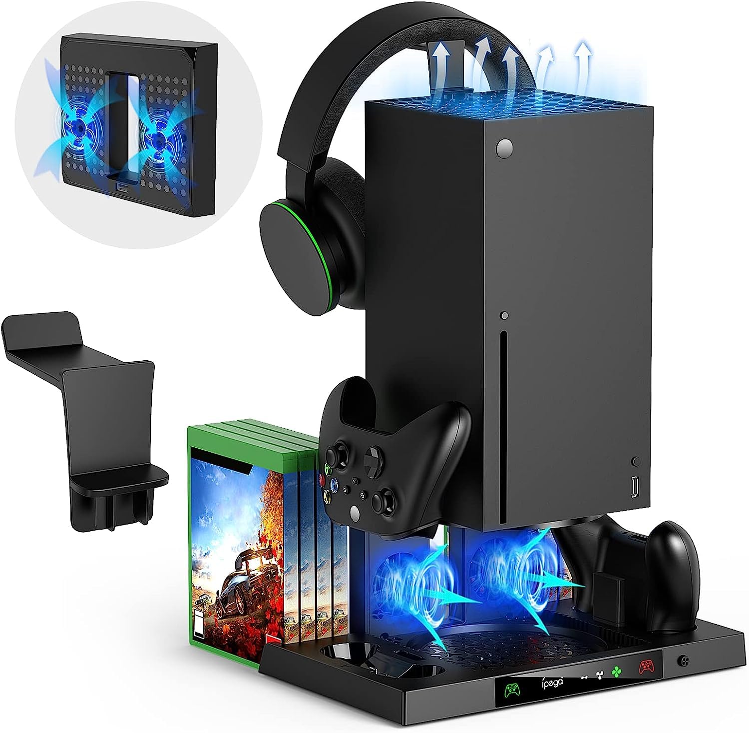 SGElectronix Upgraded Vertical Cooling Stand for Xbox Series X with Controller Charger Station Dock, Dual Suction Cooler Fan System Stand Accessories with 8 Game Storage Organizer, Headset Hanger