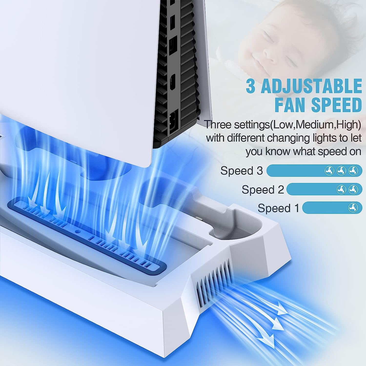 Sgelectronics PS5 Stand and Cooling Station with Dual Controller Charging Station for PS5 Console, Controller Charger, Cooling Fan, Headset Holder, 3 USB Hub, Media Slot, Screw White