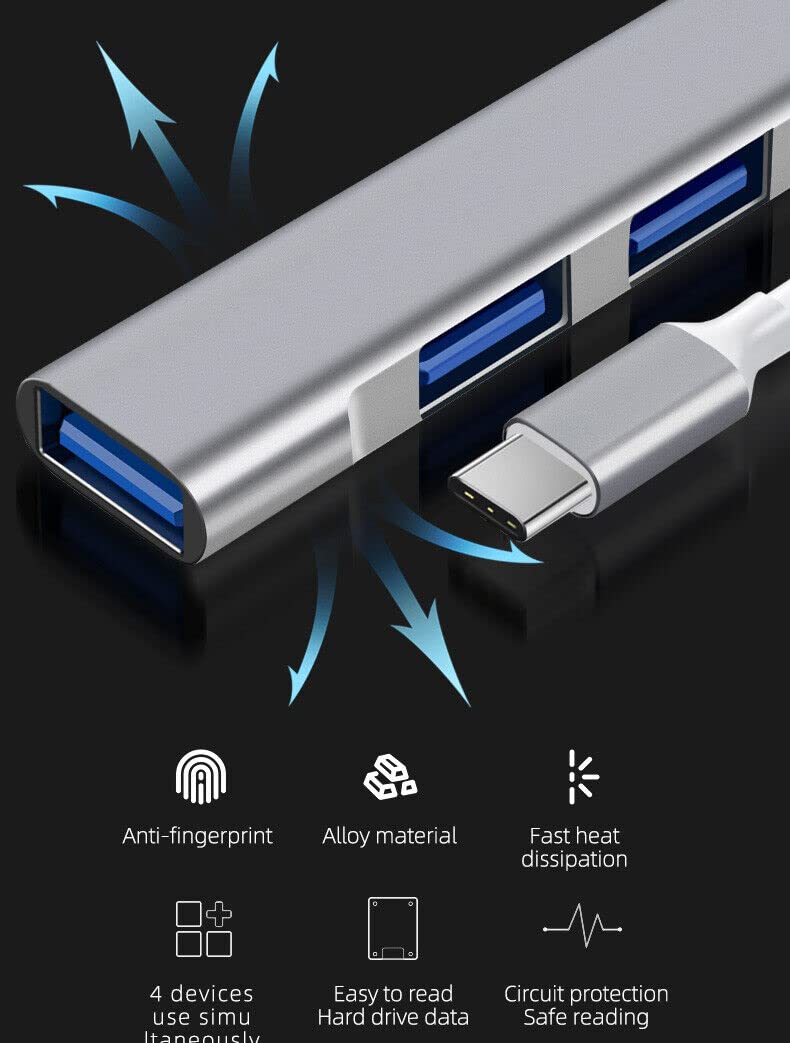 USB Hub 4-Port USB Hub Ultra-Slim Data USB Splitter Portable Aluminum Alloy Mini USB Hub Extensions Applicable for Laptop, MacBook, Mac Mini/Pro, Surface, Notebook PC (USB-C)