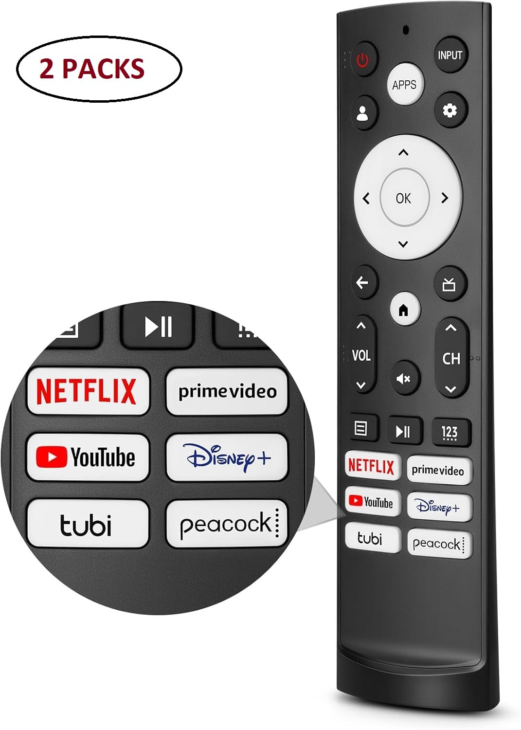 SGELECTRONIX 2Pcs Infrared Replacement Remote Control for Hisense Google TV Model 43A6H 50A6H 55A6H 65A6H 75A6H 50U6H 55U6H 65U6H 75U6H 65U8H 75U8H (No Voice Function) Black