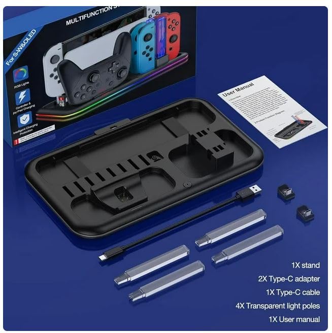 SGElectronix Controller Charging Base for Nintendo Switch, Charging Dock for Joy-Con with 8 Game Card Slot & RGB Light Bar, Charging Station for N S Pro and for OLED Versions Black