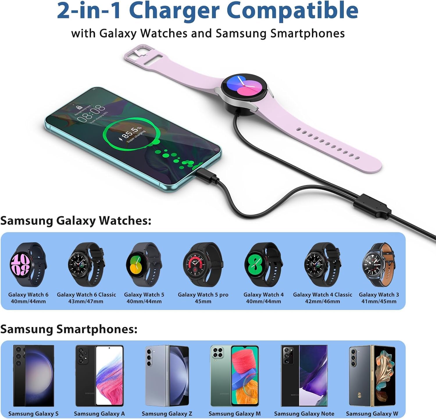 2 in 1 Charging Cable USB-C for Samsung Galaxy Watch 7/6/5/4/3/Classic, Pro 5/4, Active Watch 2/1, Galaxy Buds/Live/+, 5ft Fast Charging Cable for Galaxy S22/21/20/10 Black