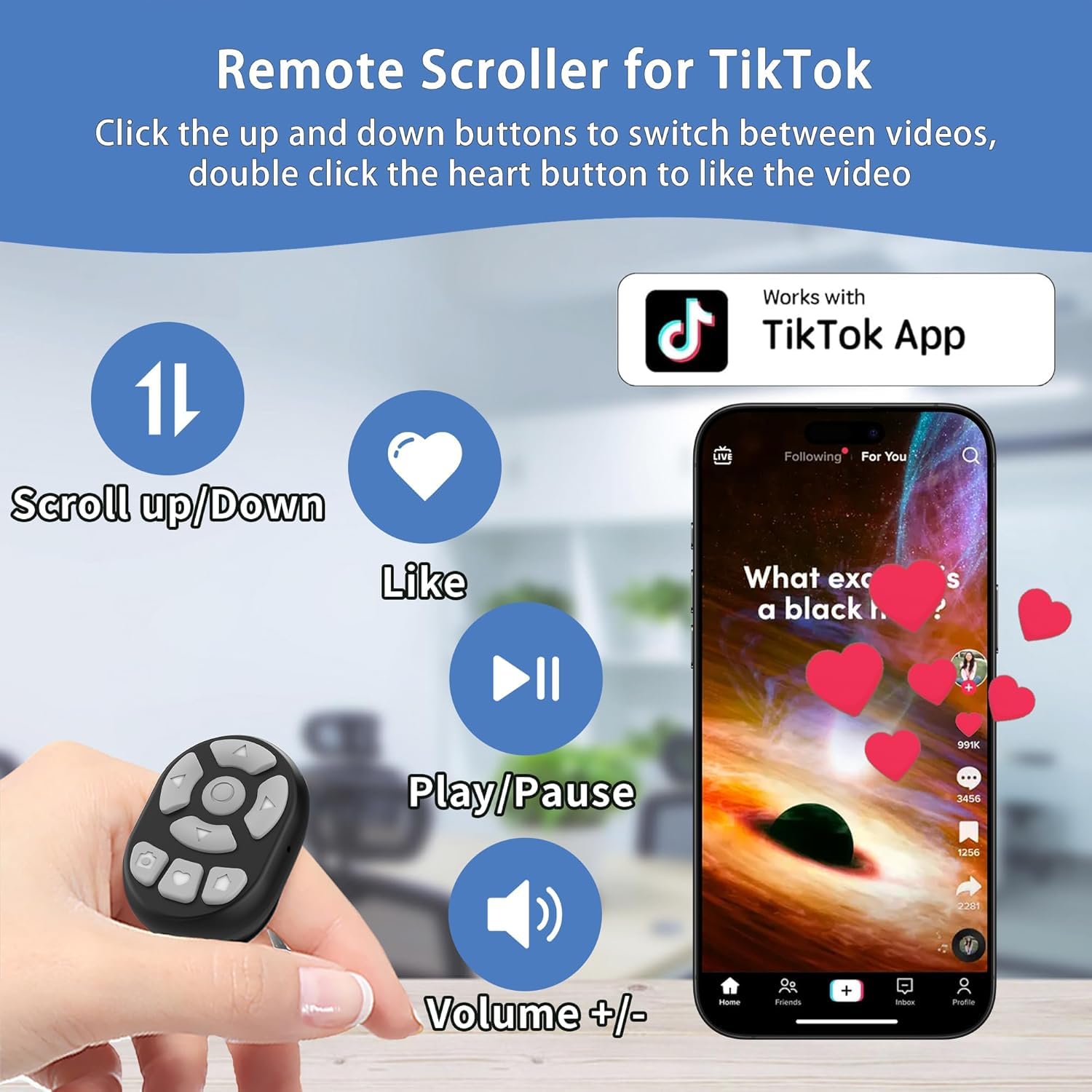 SGelectronix Tiktok Scrolling Ring with Finger Remote,Fingertip Wireless Bluetooth Remote Control,Scrolling Ring for iPhone,iPad, iOS,Android (S29BLACK)