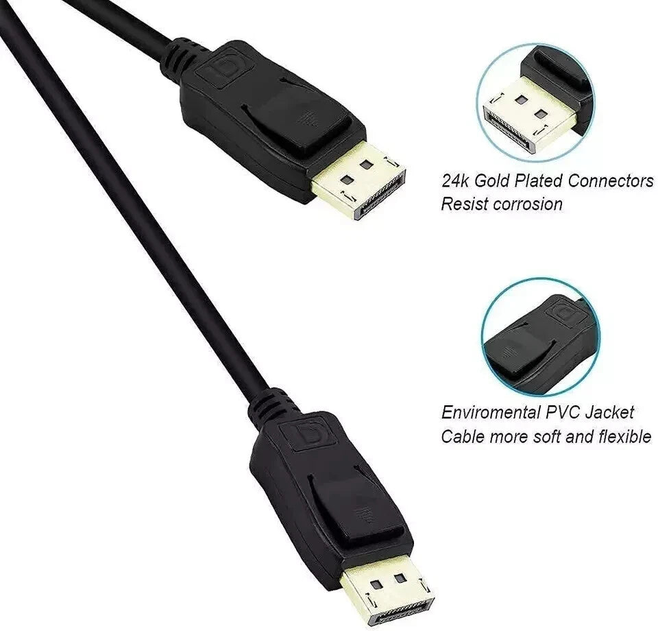 DisplayPort to Display Port Cable DP Male to Male Cord 4K HD w/o Latches 6/10/15 Feet