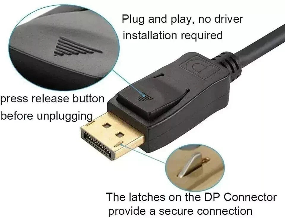 DisplayPort to Display Port Cable DP Male to Male Cord 4K HD w/o Latches 6/10/15 Feet