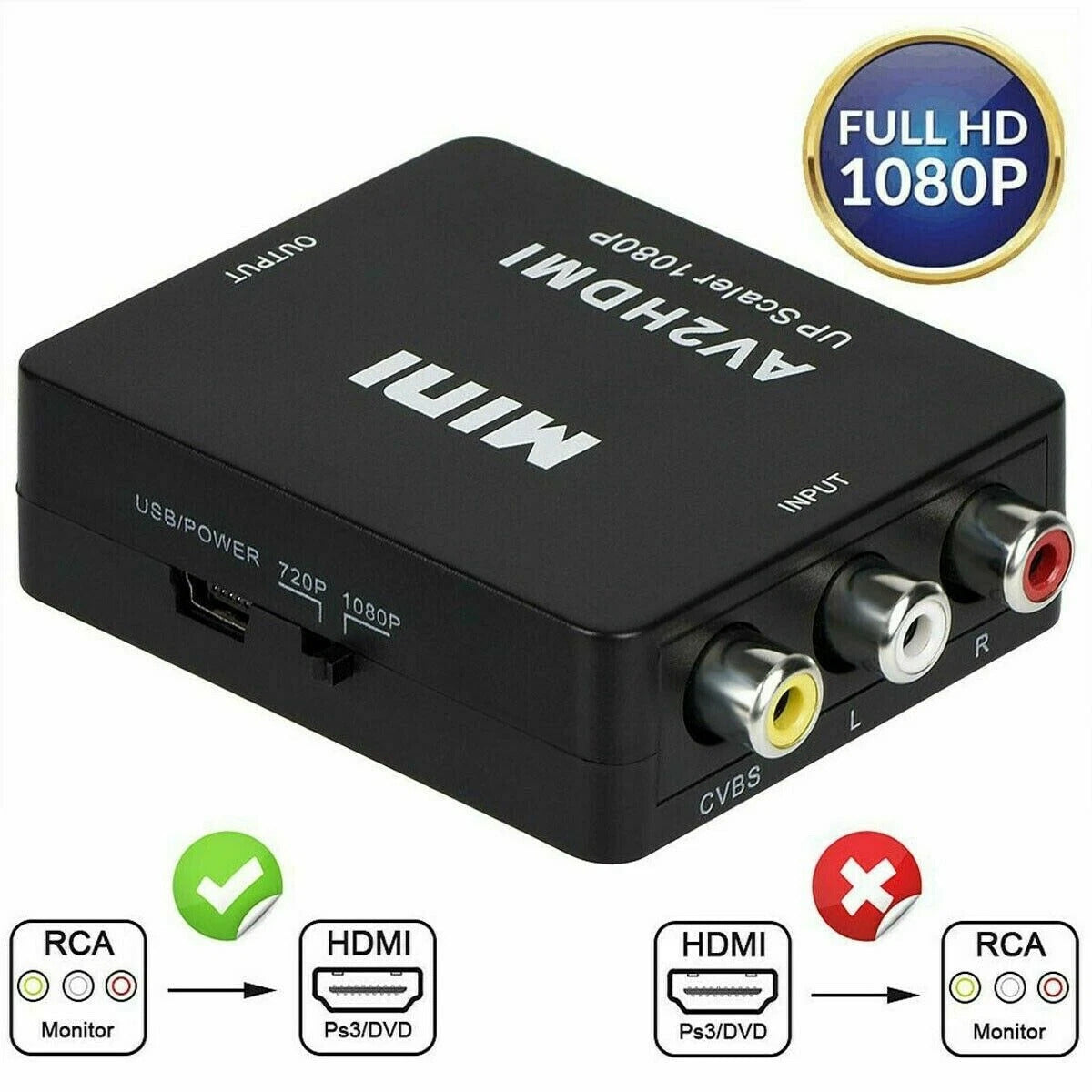 RCA to HDMI Converter Adapter AV 1080P For TV Audio Video Composite CVBS AV2HDMI