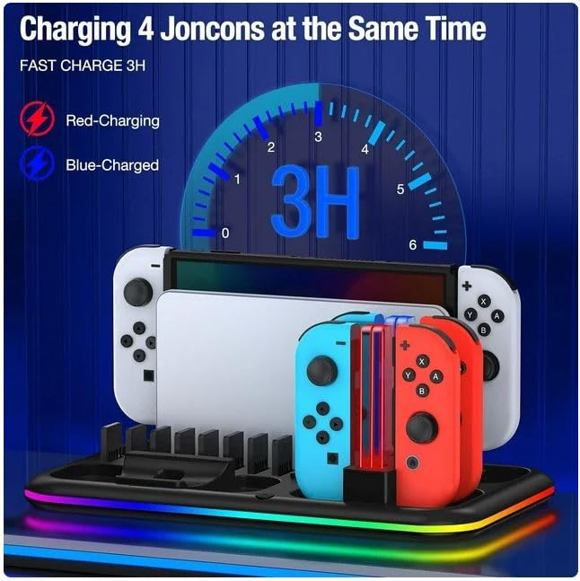 SGElectronix Controller Charging Base for Nintendo Switch, Charging Dock for Joy-Con with 8 Game Card Slot & RGB Light Bar, Charging Station for N S Pro and for OLED Versions Black