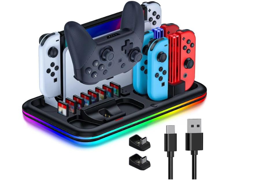 SGElectronix Controller Charging Base for Nintendo Switch, Charging Dock for Joy-Con with 8 Game Card Slot & RGB Light Bar, Charging Station for N S Pro and for OLED Versions Black
