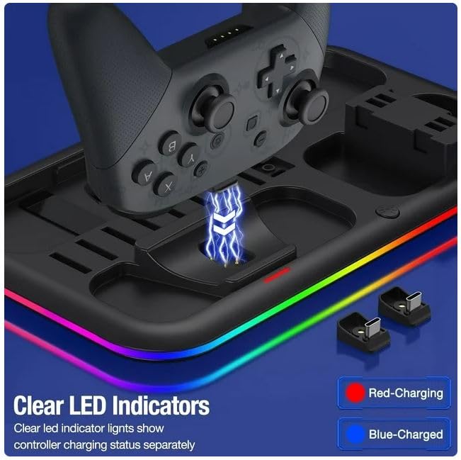 SGElectronix Controller Charging Base for Nintendo Switch, Charging Dock for Joy-Con with 8 Game Card Slot & RGB Light Bar, Charging Station for N S Pro and for OLED Versions Black