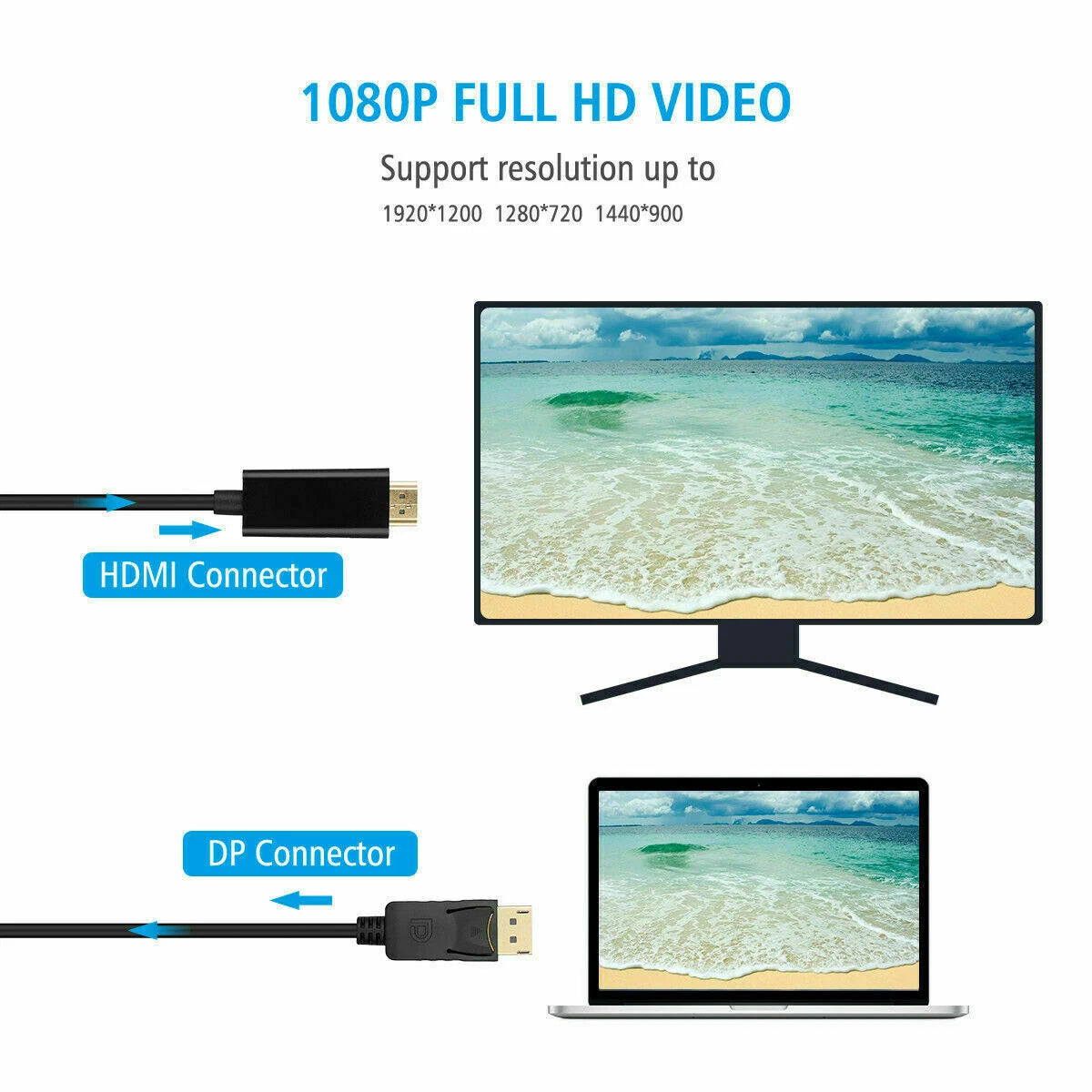 Display Port DP to HDMI Cable Adapter Converter Audio Video PC HDTV 1080P 60Hz 10 Feet