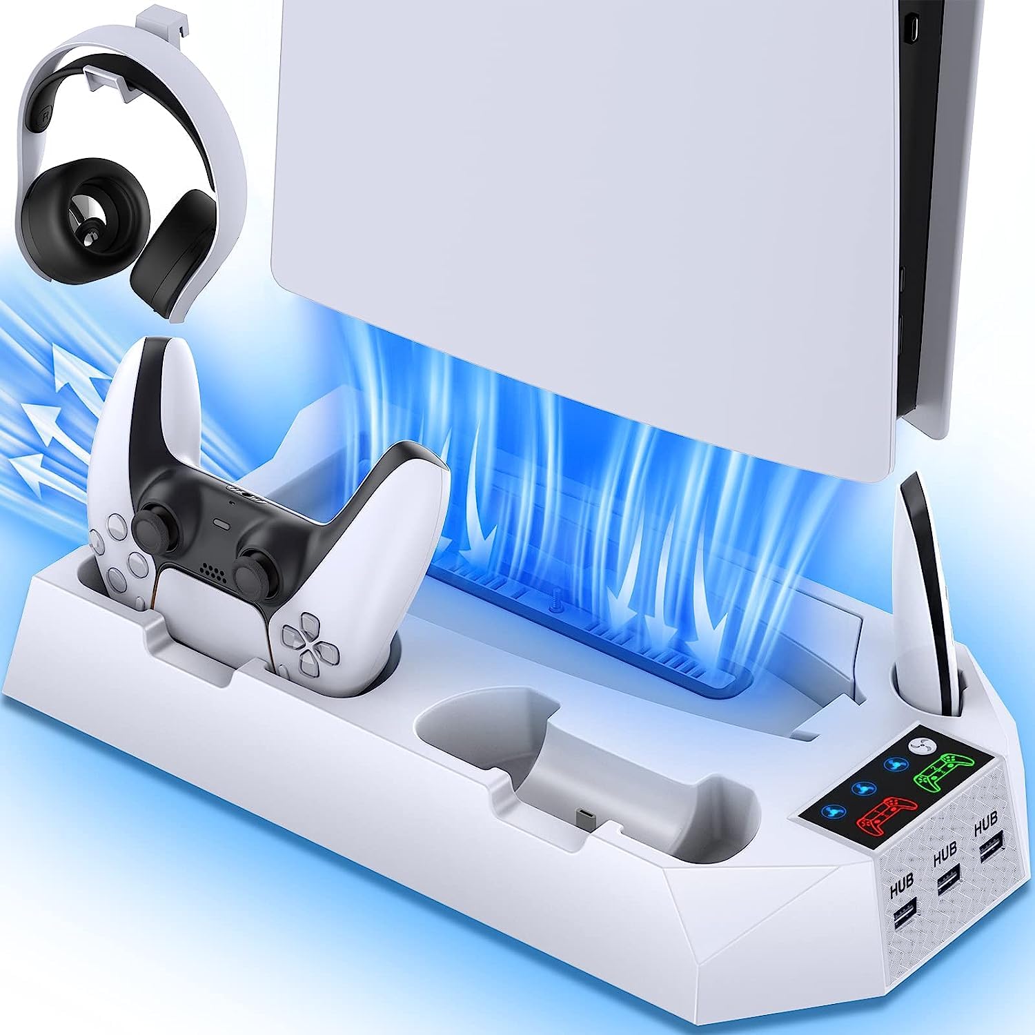 Sgelectronics PS5 Stand and Cooling Station with Dual Controller Charging Station for PS5 Console, Controller Charger, Cooling Fan, Headset Holder, 3 USB Hub, Media Slot, Screw White