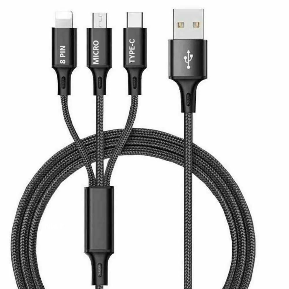 Multi Charging Cable, Multi Charger Cable Nylon Braided 3 in 1 Charging Cable Multi USB Cable Fast Charging Cord with Type-C, Micro USB and IP Port, Compatible with Most Phones & iPads Black