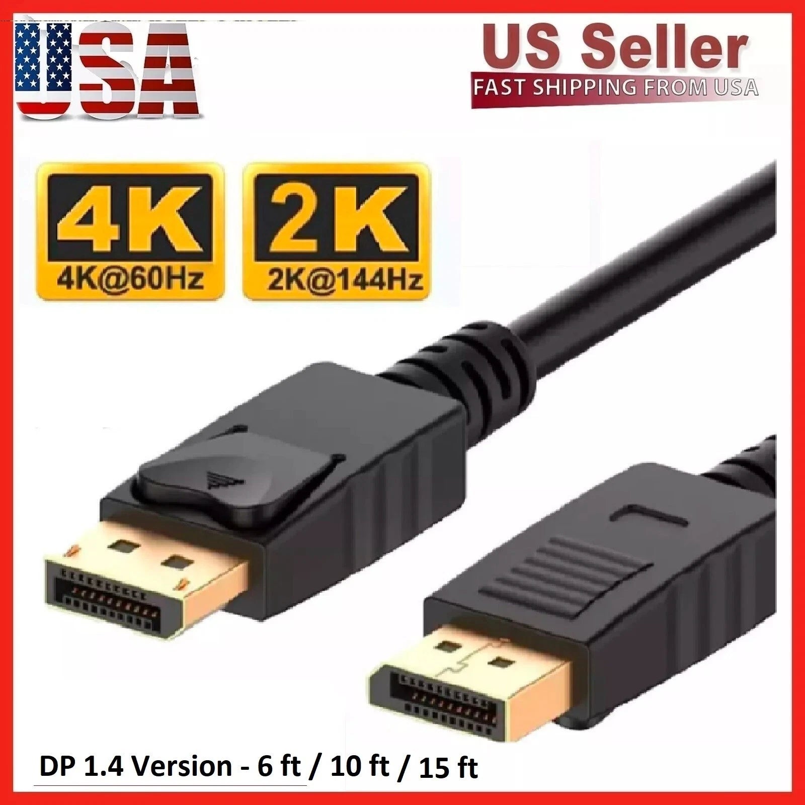 DisplayPort to Display Port Cable DP Male to Male Cord 4K HD w/o Latches 6/10/15 Feet