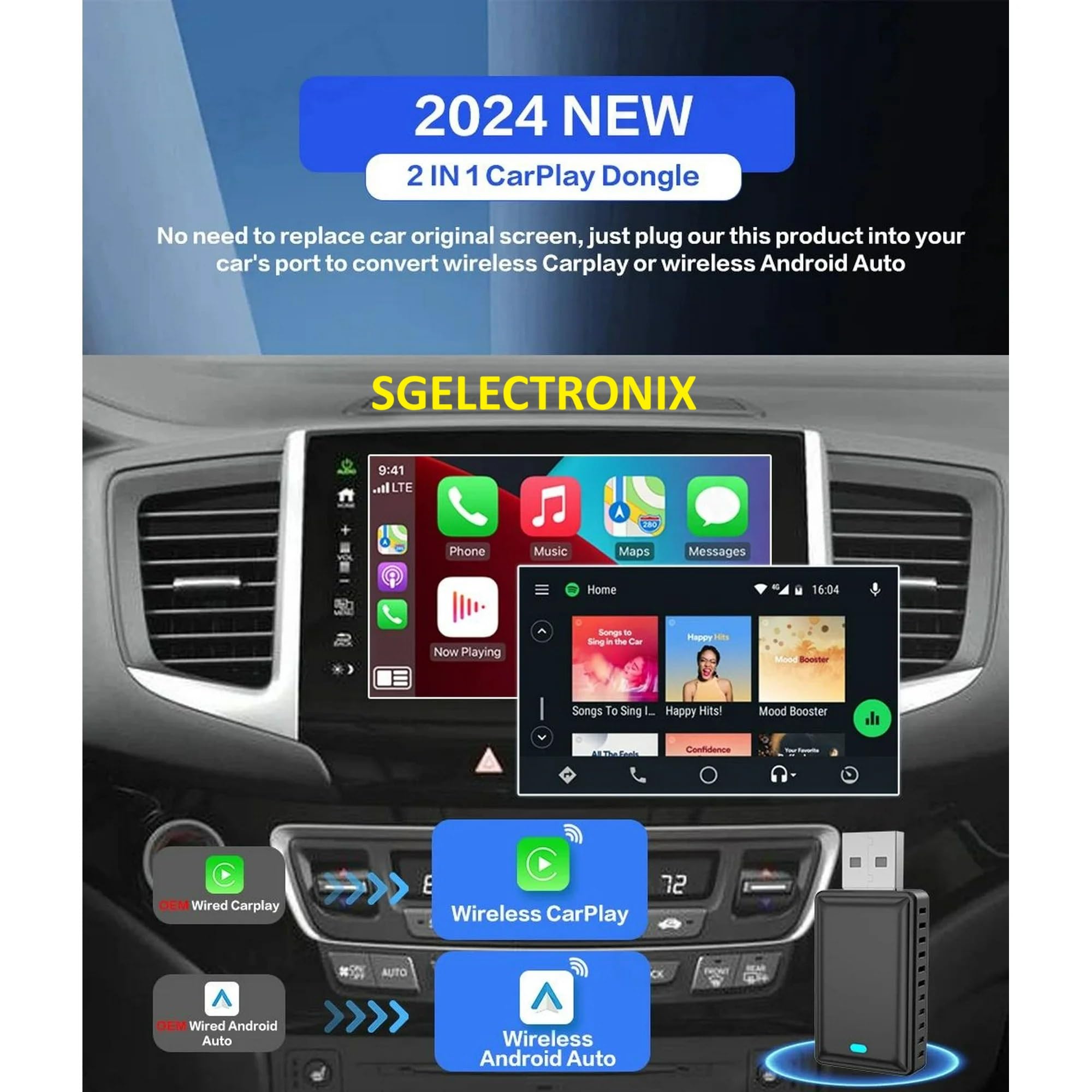 SGElectronix 2 IN 1 Wireless Carplay Adapter, Plug & Play Magic link Carplay Stable Fast Connection, Convert Factory Wired to Wireless Carplay Dongle/Android Auto Adapter for Cars 2016+, iPhone iOS 9+