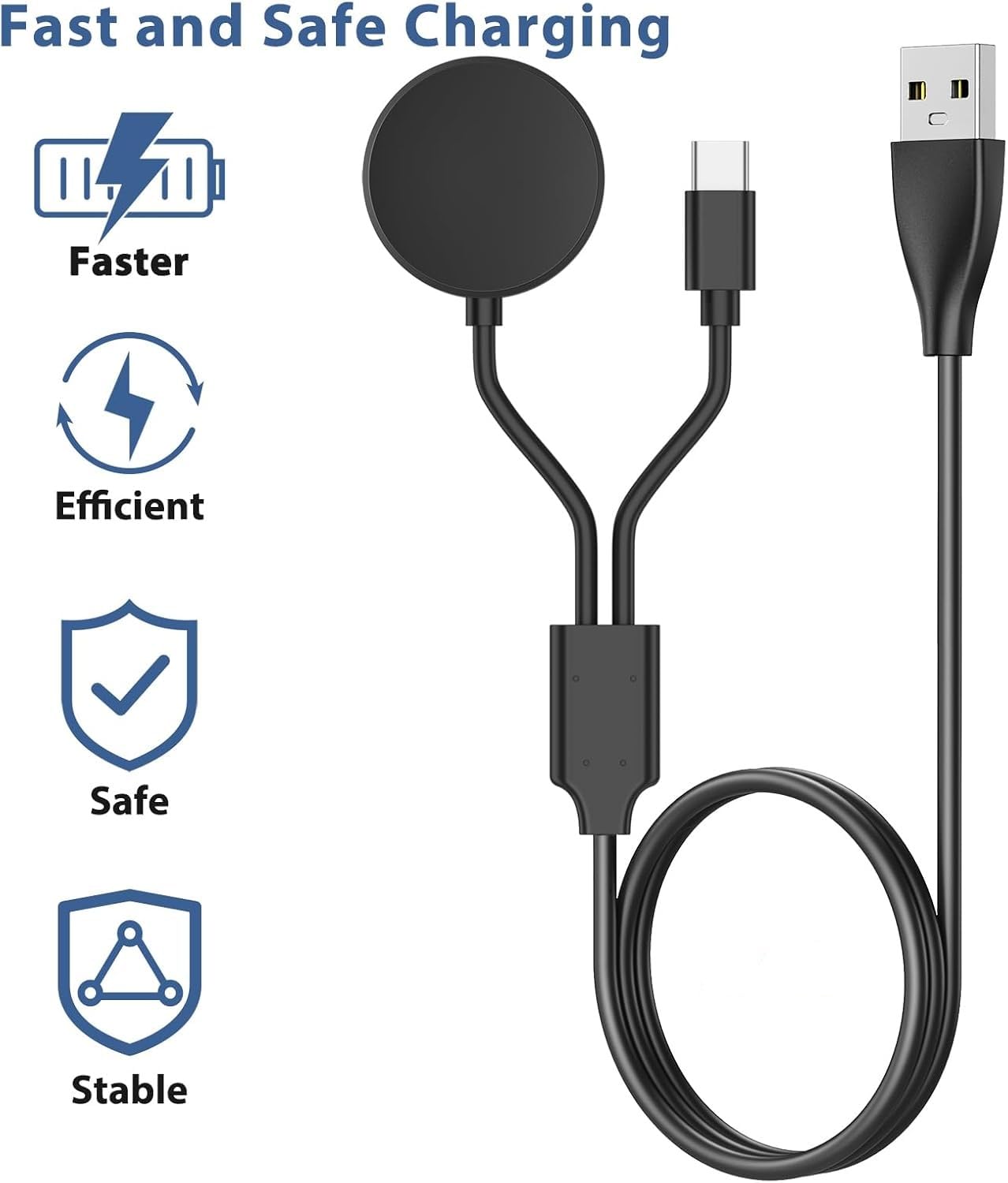 2 in 1 Charging Cable USB-C for Samsung Galaxy Watch 7/6/5/4/3/Classic, Pro 5/4, Active Watch 2/1, Galaxy Buds/Live/+, 5ft Fast Charging Cable for Galaxy S22/21/20/10 Black