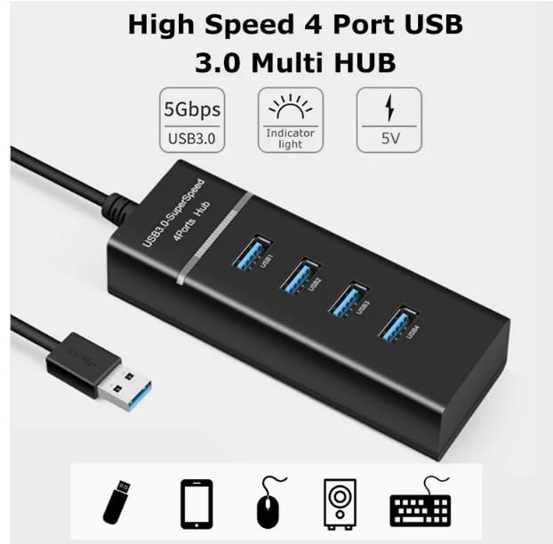SGElectronix 4-Port USB Hub 3.0 for Laptop USB 3.0 Hub 5Gbps Multiport Adapter Portable Travel, USB Hub for MacBook Air Por Windows/Mac OS, Linux Flash Drive, Mobile HDD
