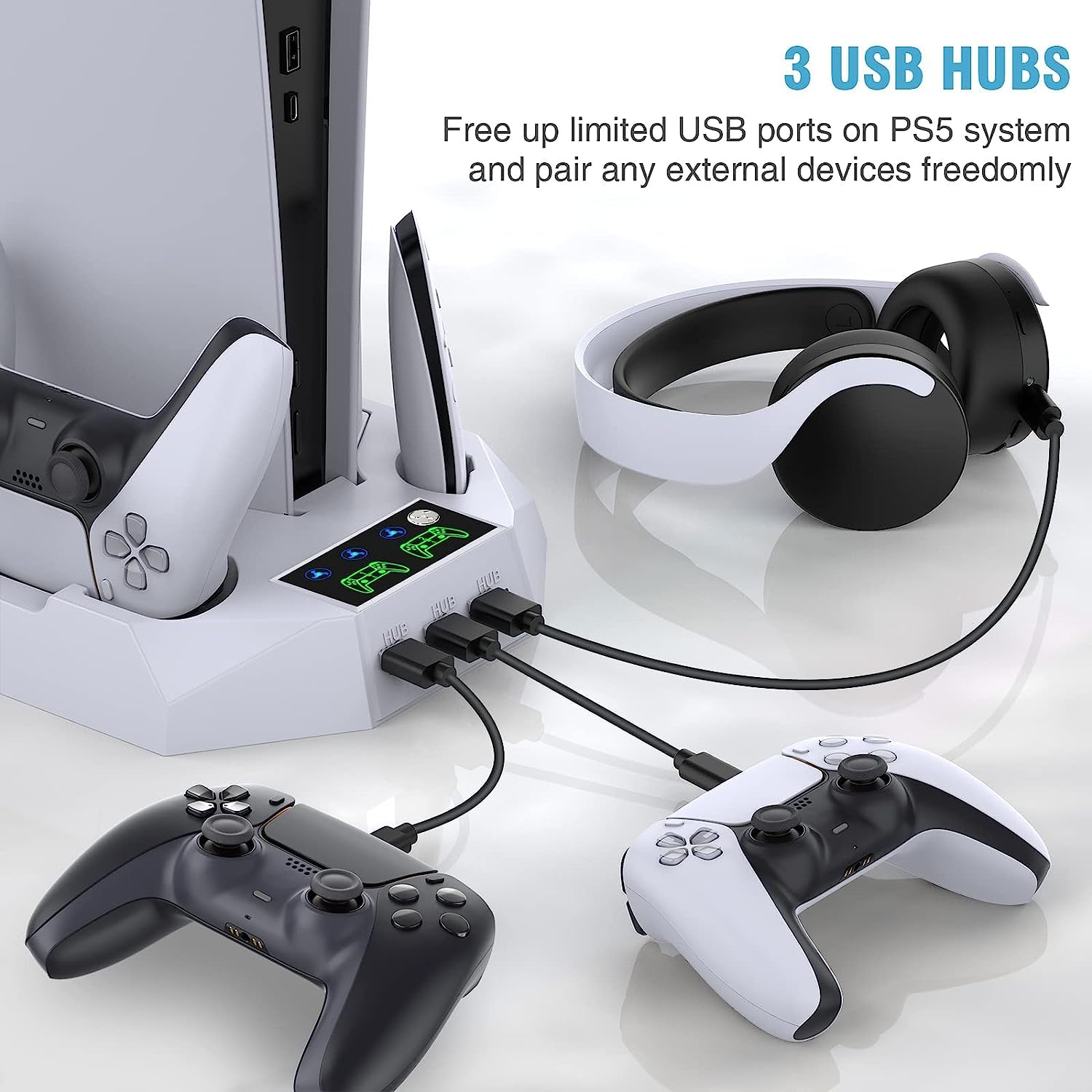 Sgelectronics PS5 Stand and Cooling Station with Dual Controller Charging Station for PS5 Console, Controller Charger, Cooling Fan, Headset Holder, 3 USB Hub, Media Slot, Screw White