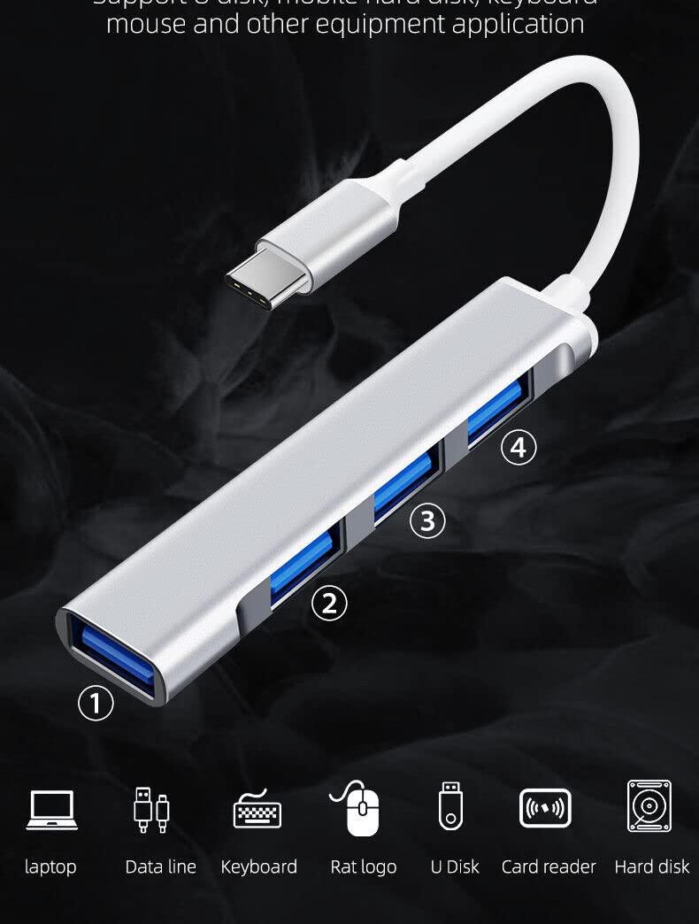 USB Hub 4-Port USB Hub Ultra-Slim Data USB Splitter Portable Aluminum Alloy Mini USB Hub Extensions Applicable for Laptop, MacBook, Mac Mini/Pro, Surface, Notebook PC (USB-C)