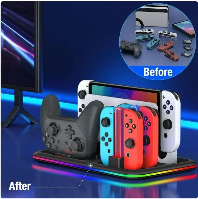 SGElectronix Controller Charging Base for Nintendo Switch, Charging Dock for Joy-Con with 8 Game Card Slot & RGB Light Bar, Charging Station for N S Pro and for OLED Versions Black