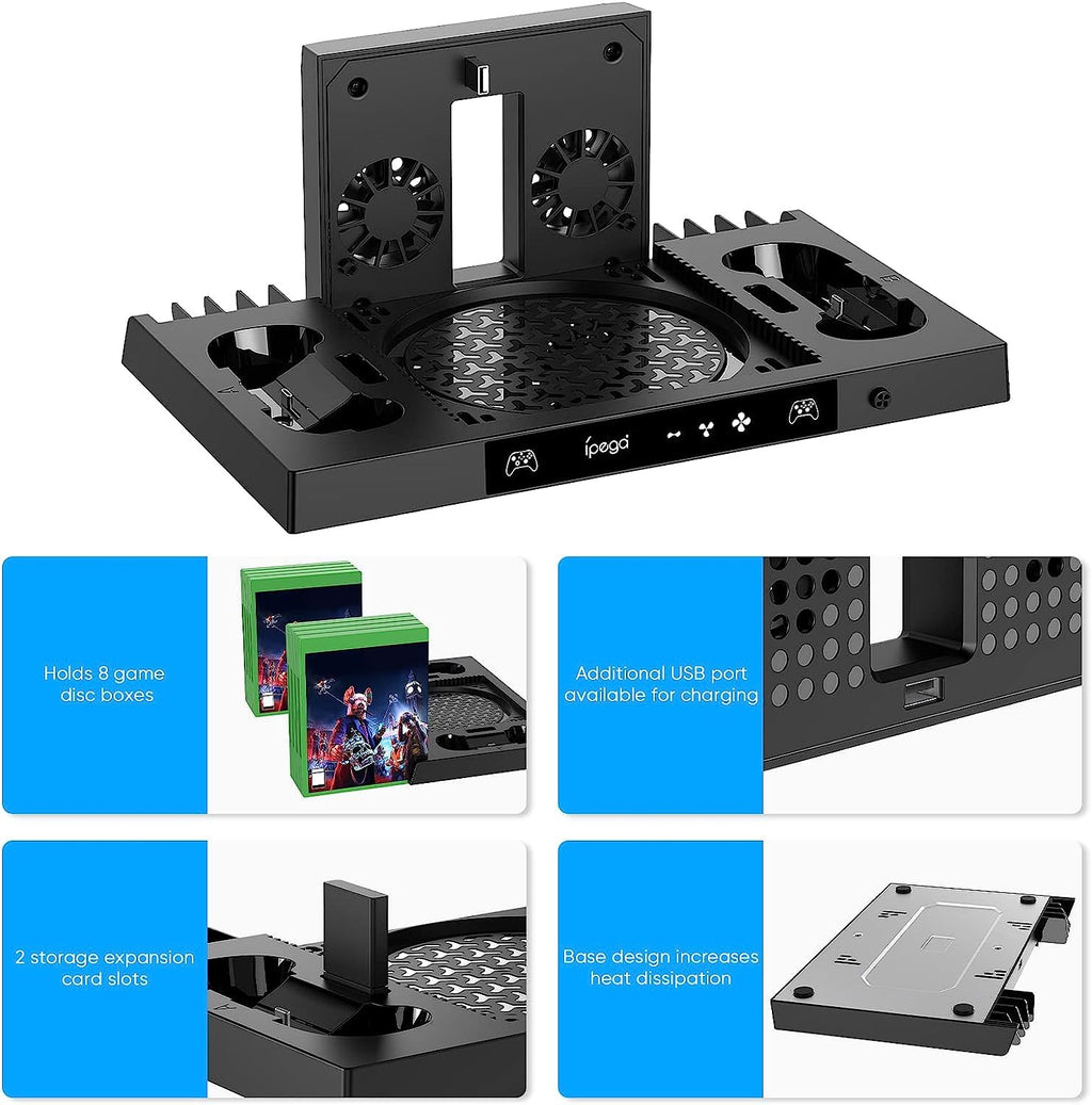 SGElectronix Upgraded Vertical Cooling Stand for Xbox Series X with Controller Charger Station Dock, Dual Suction Cooler Fan System Stand Accessories with 8 Game Storage Organizer, Headset Hanger