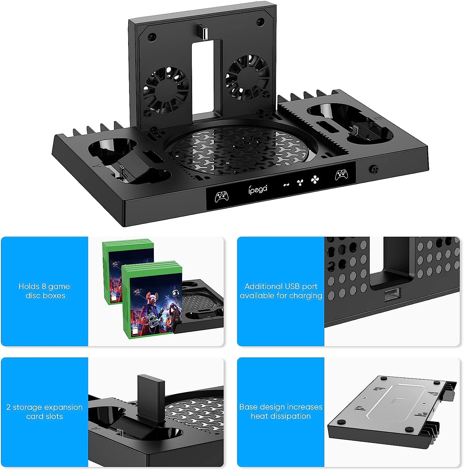 SGElectronix Upgraded Vertical Cooling Stand for Xbox Series X with Controller Charger Station Dock, Dual Suction Cooler Fan System Stand Accessories with 8 Game Storage Organizer, Headset Hanger