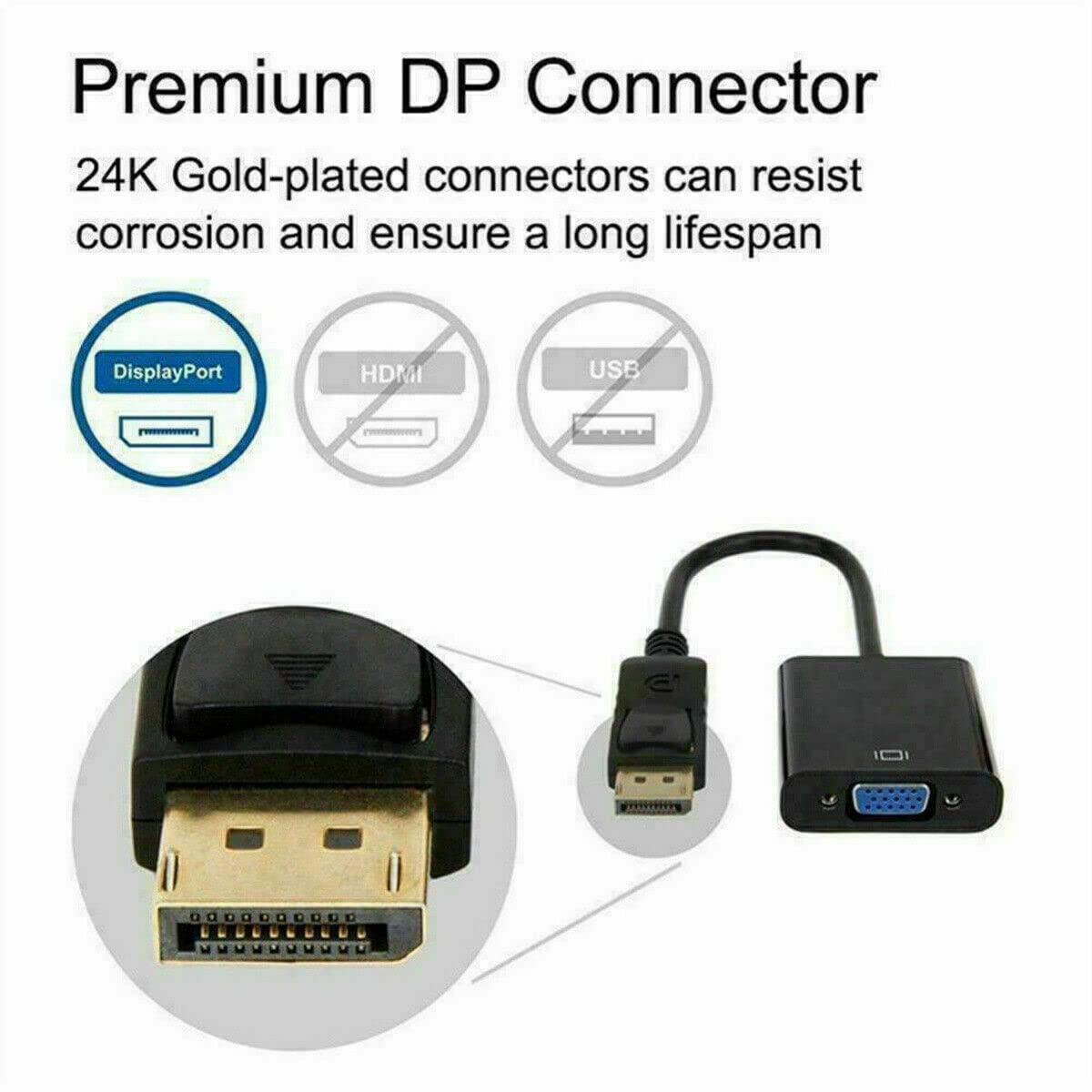 Display Port DP to VGA Adapter Cable Cord 1080P for Laptop Desktop Game Monitor
