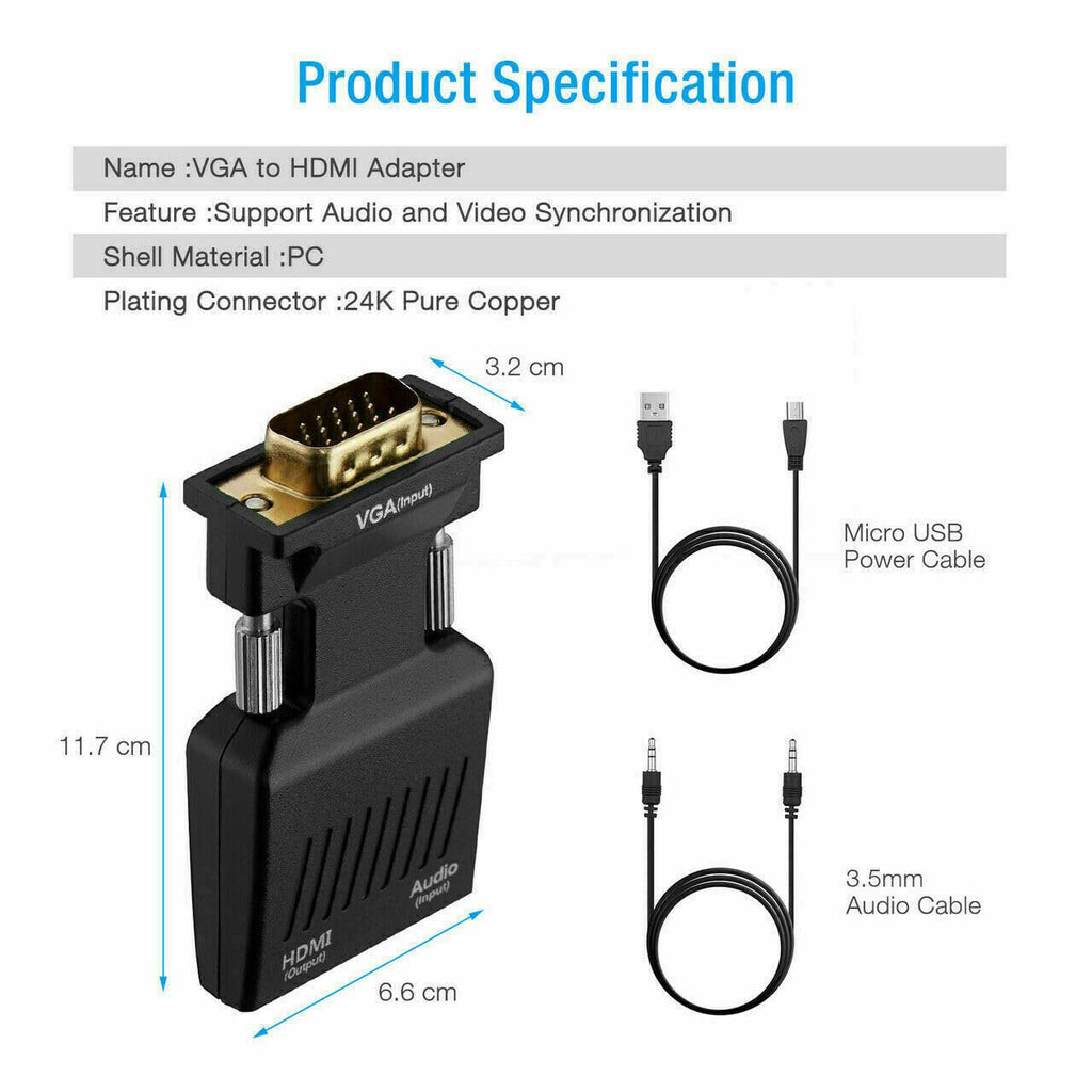 VGA to HDMI Adapter Converter with Audio,(PC VGA Source Output to TV/Monitor with HDMI Connector), Active Male VGA in Female HDMI 1080p Video Dongle adaptador for Computer,Laptop,Projector