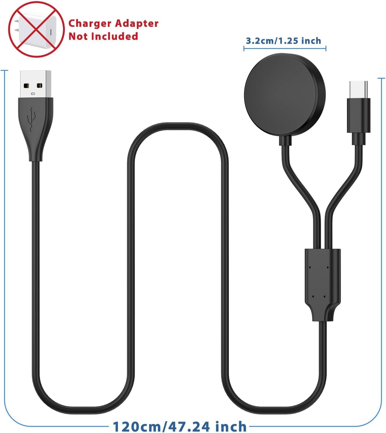 2 in 1 Charging Cable USB-C for Samsung Galaxy Watch 7/6/5/4/3/Classic, Pro 5/4, Active Watch 2/1, Galaxy Buds/Live/+, 5ft Fast Charging Cable for Galaxy S22/21/20/10 Black