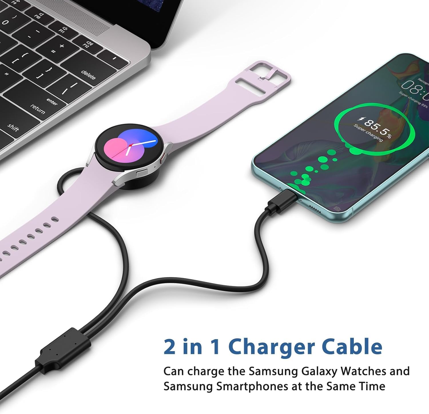 2 in 1 Charging Cable USB-C for Samsung Galaxy Watch 7/6/5/4/3/Classic, Pro 5/4, Active Watch 2/1, Galaxy Buds/Live/+, 5ft Fast Charging Cable for Galaxy S22/21/20/10 Black
