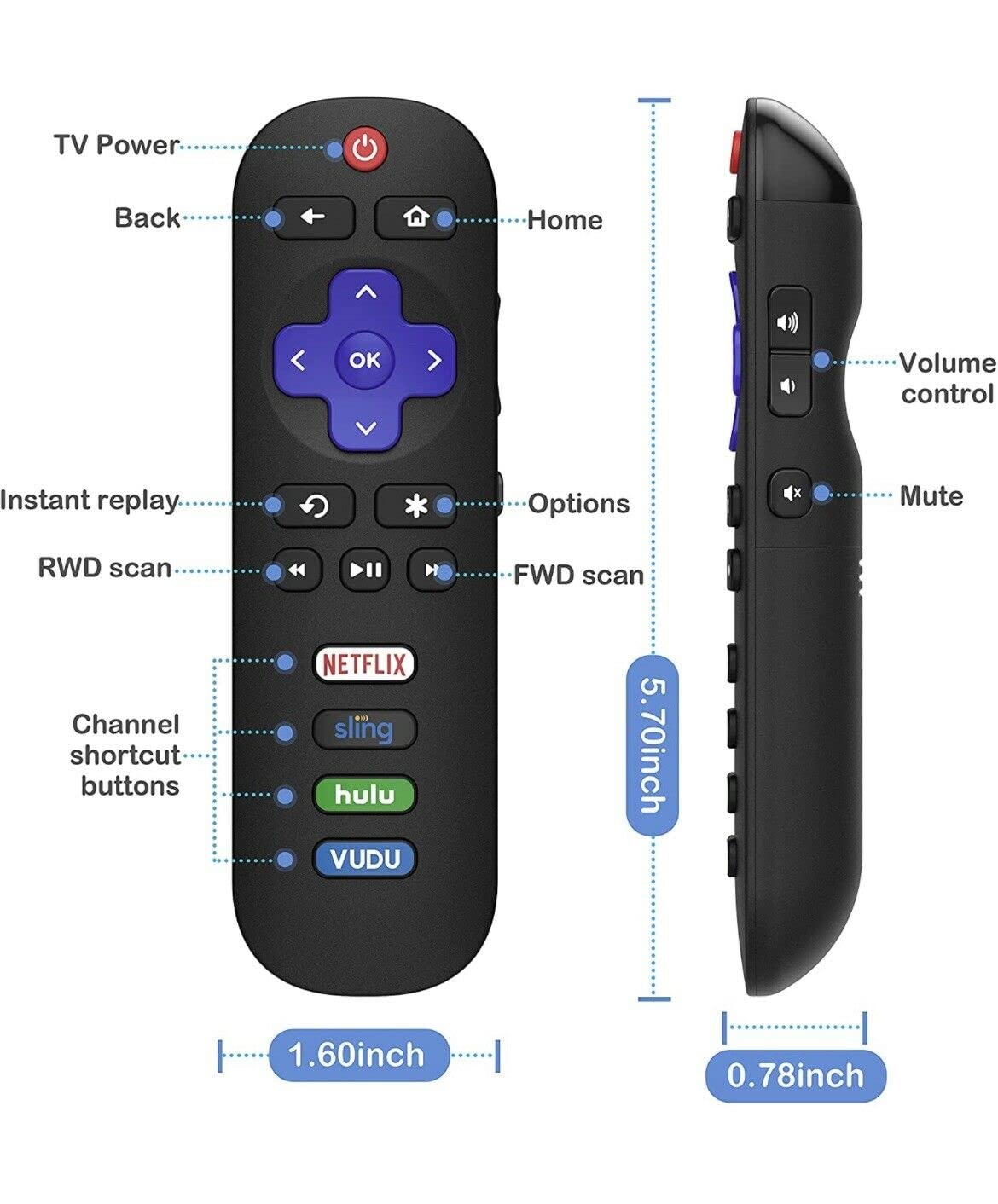 SGElectronix RC280 Replacement Remote Applicable for TCL Roku TV with Netflix Sling Hulu Vudu Key 55UP120 32S4610R 50FS3750 32FS3700 32FS4610R 32S800 32S850 32S3850 48FS3700 55FS3700 65S405 43S405