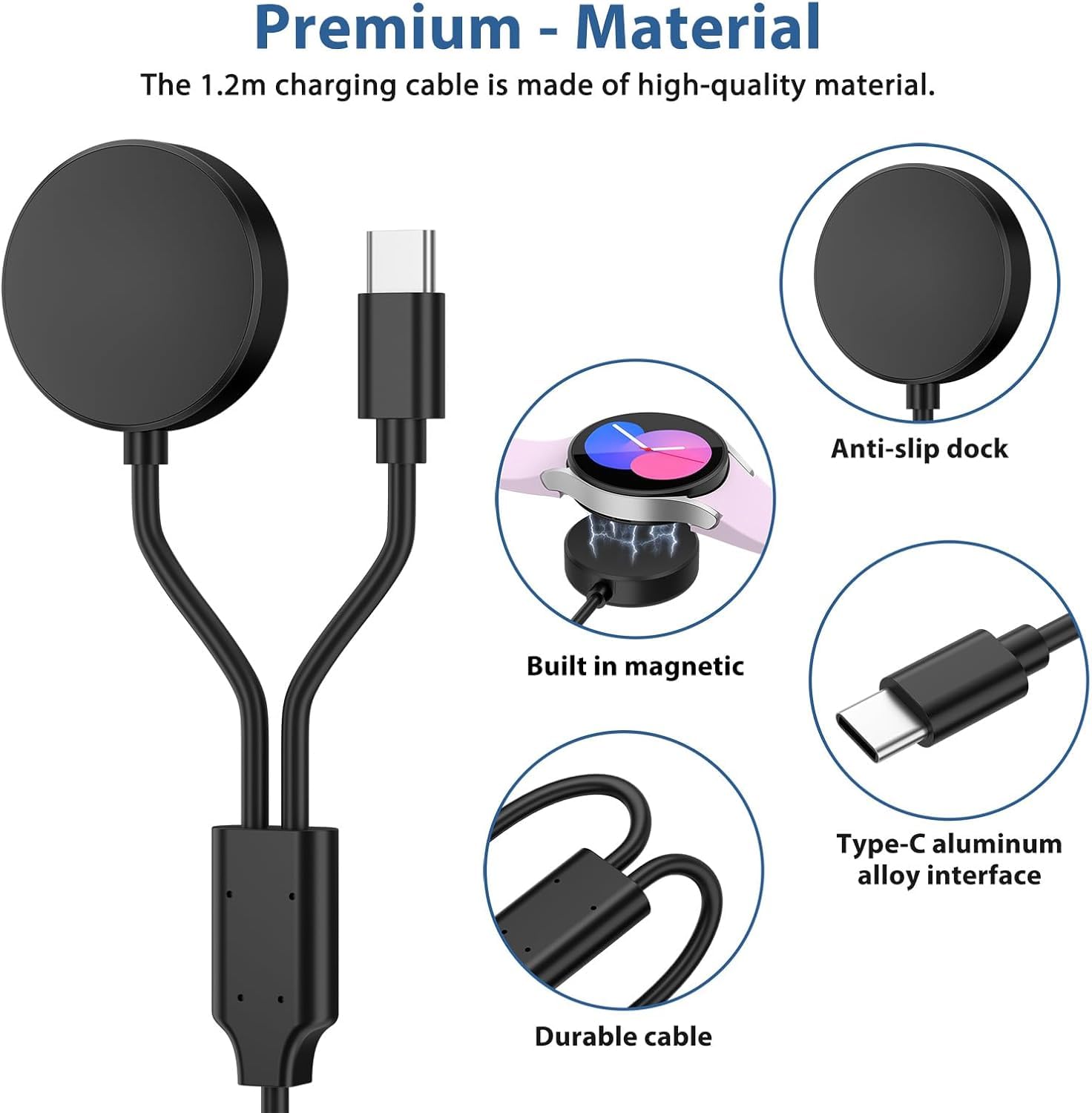 2 in 1 Charging Cable USB-C for Samsung Galaxy Watch 7/6/5/4/3/Classic, Pro 5/4, Active Watch 2/1, Galaxy Buds/Live/+, 5ft Fast Charging Cable for Galaxy S22/21/20/10 Black